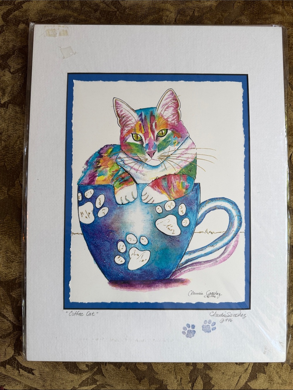 Vintage  “Coffee Cat” print signedby artist Claudia Sanchez